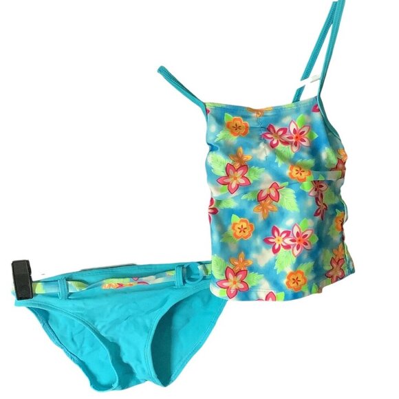Miss Lana Girls 5/6 2 Piece Blue Floral Swimsuit Tankini Top & Bottom - Picture 1 of 7